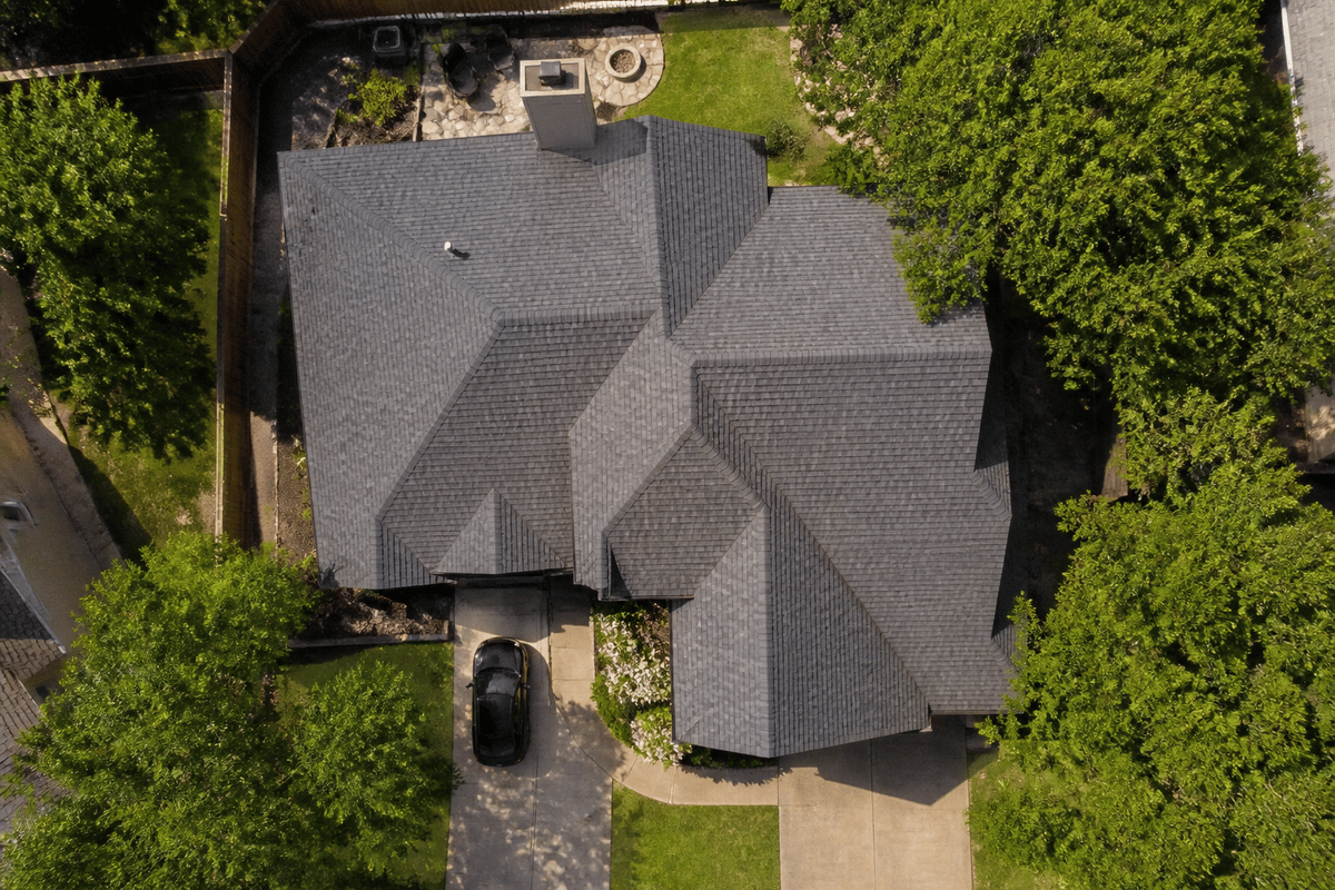 Aerial view of a completed roof replacement in Central Texas